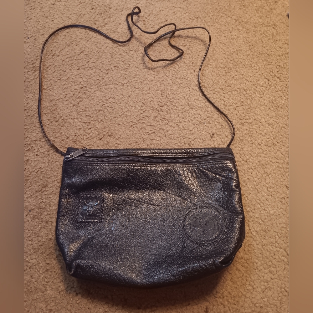 Carlos Falchi Buffalo Collection Vintage Genuine Leather Black Crossbody Bag